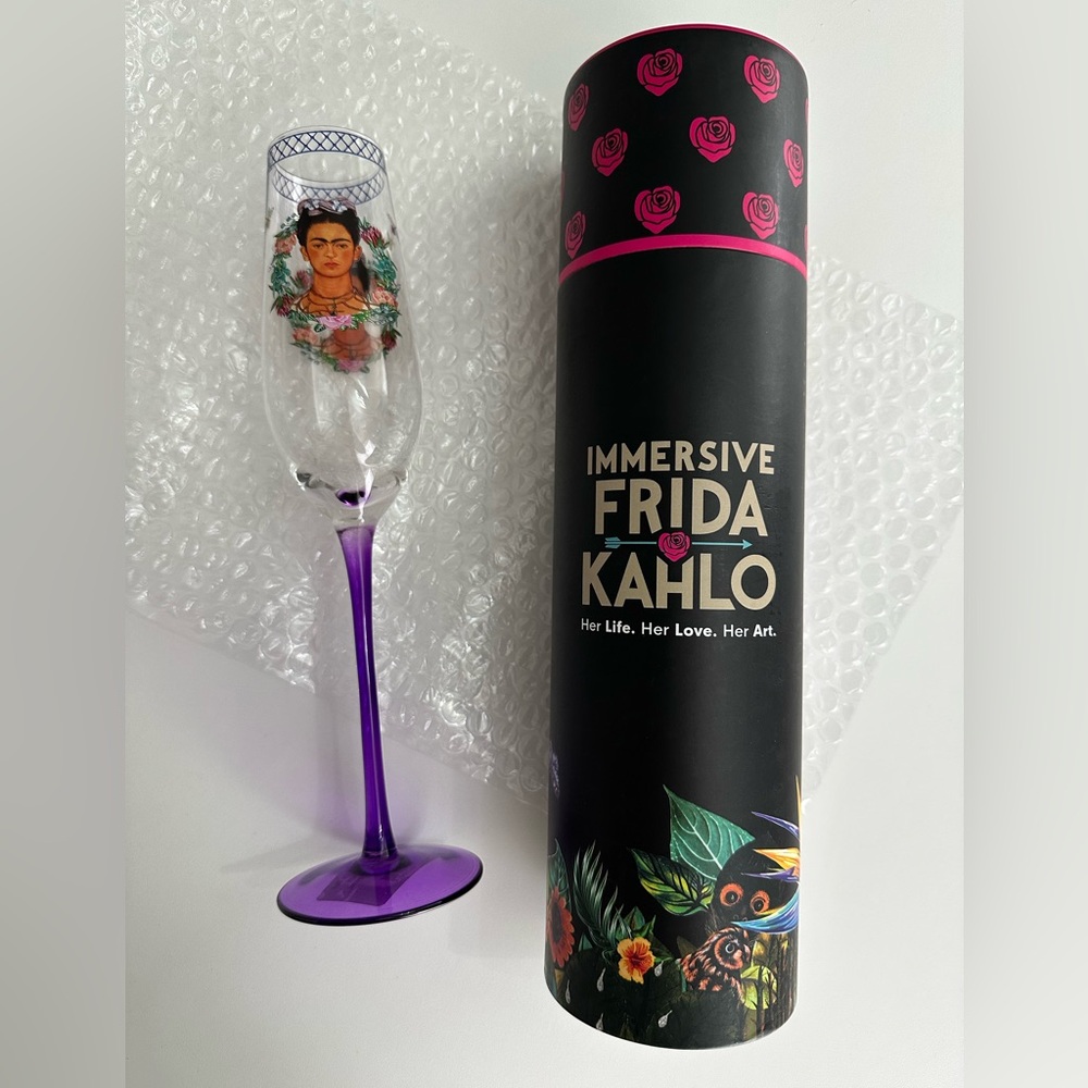 Frida Kahlo Self Portrait Thorn Necklace hummingbird Champagne Flute Glass NWT